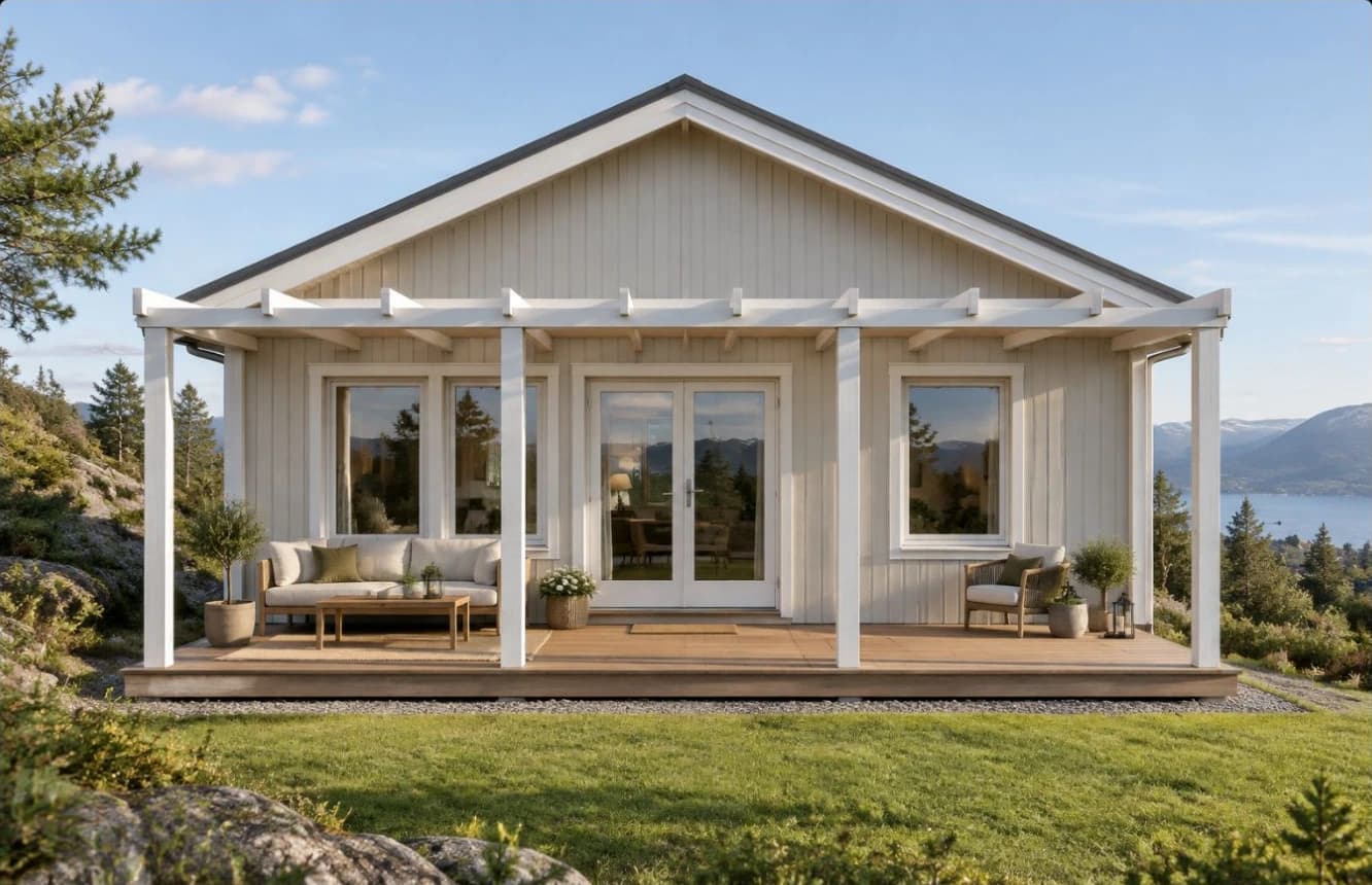 Arkitektagentens fotovisualisering av en fiktiv familiehytte