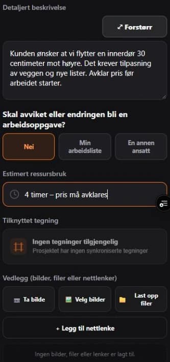 Mobilutkast til kundeendring med beskrivelse, ressursanslag og vedlegg