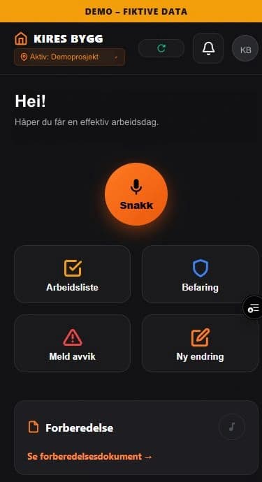 KIRES Byggflyts hovedside på mobil med SNAKK, hurtigregistrering og prosjektassistent