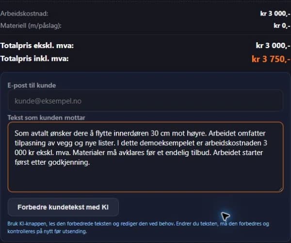 Prisutkast og redigerbar kundetekst for flytting av innerdør