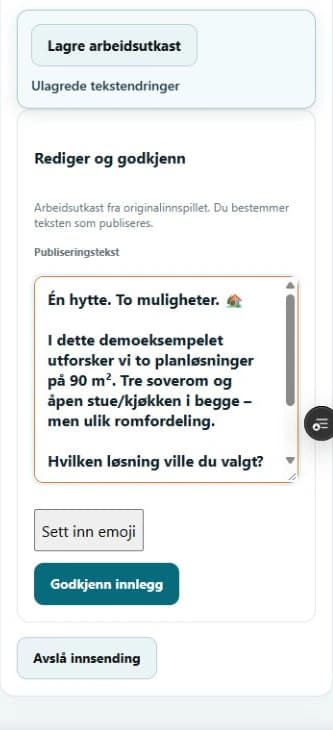 Mobilvisning av et kort demoutkast i SoMe-automatens redaktør